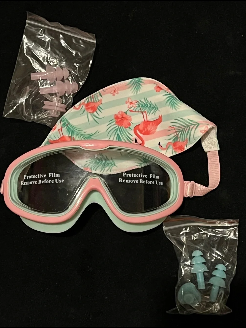 Pixel Panda Kids Flamingo Swim Goggles Set Cap Ear Plugs Nose Clip New